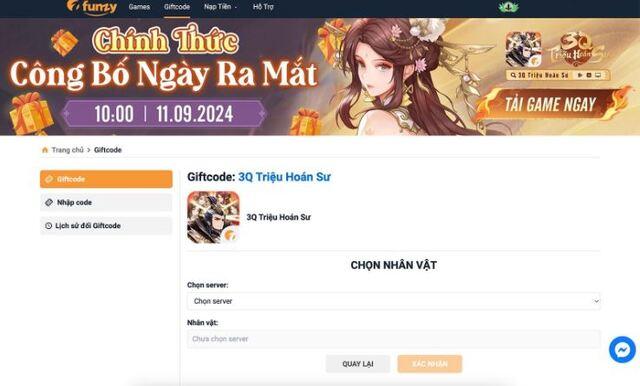 Chọn game 3Q Triệu Hoán Sư và tiếp tục chọn máy chủ, nhân vật nhận thưởng